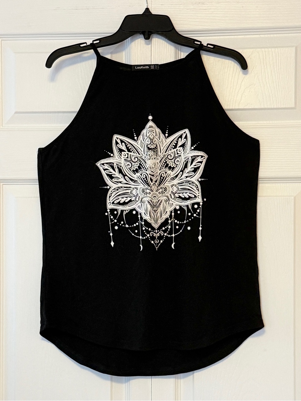 Black Sleeveless Halter Top with White Mandala Print